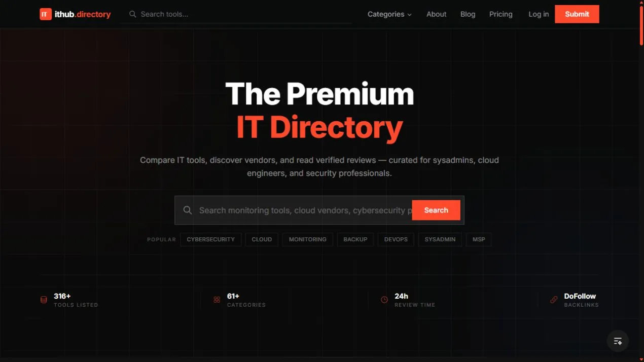 ITHub Directory’s public homepage: search and category entry points. Captured on 27 September 2026.