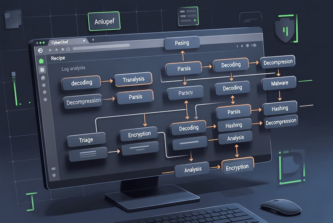 Illustration of CyberChef running locally in Docker with multi-step data recipes for security analysis.