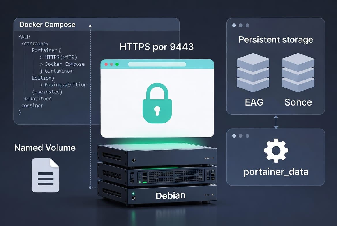 Illustration of Portainer CE on Debian with Docker Compose, persistent storage, HTTPS port 9443, and CE versus BE edition differences.