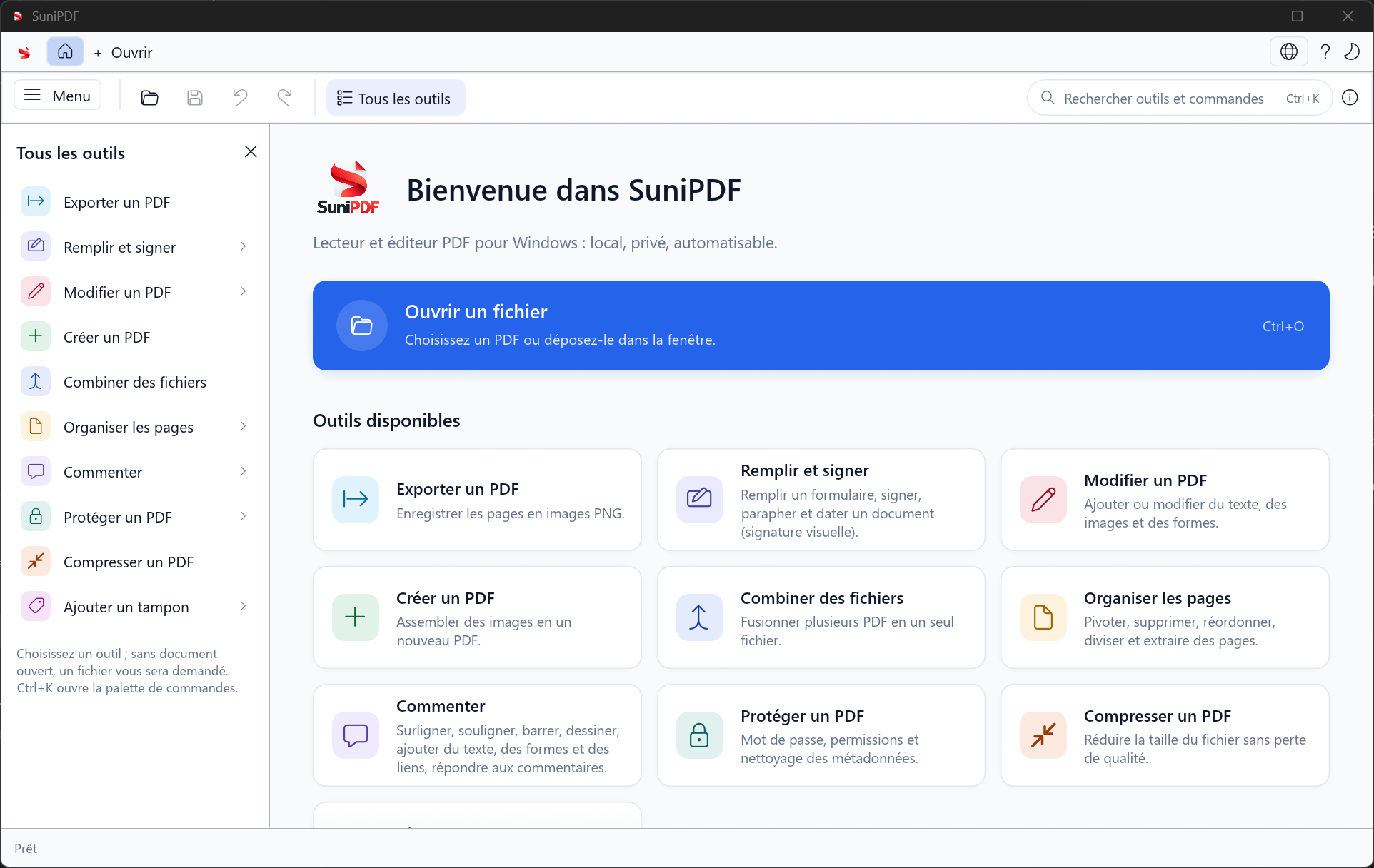 Accueil de SuniPDF en thème clair avec le panneau Tous les outils PDF.