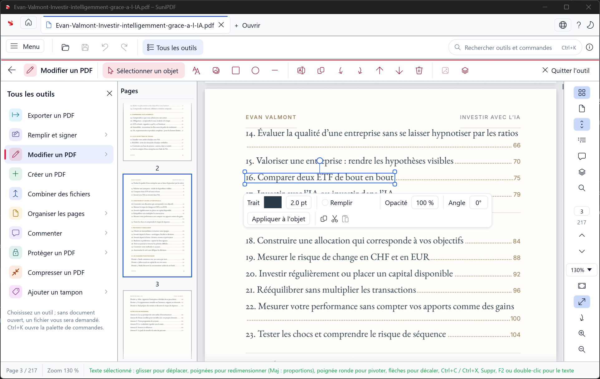 SuniPDF : sélection d’un objet texte dans un PDF et réglages d’édition.