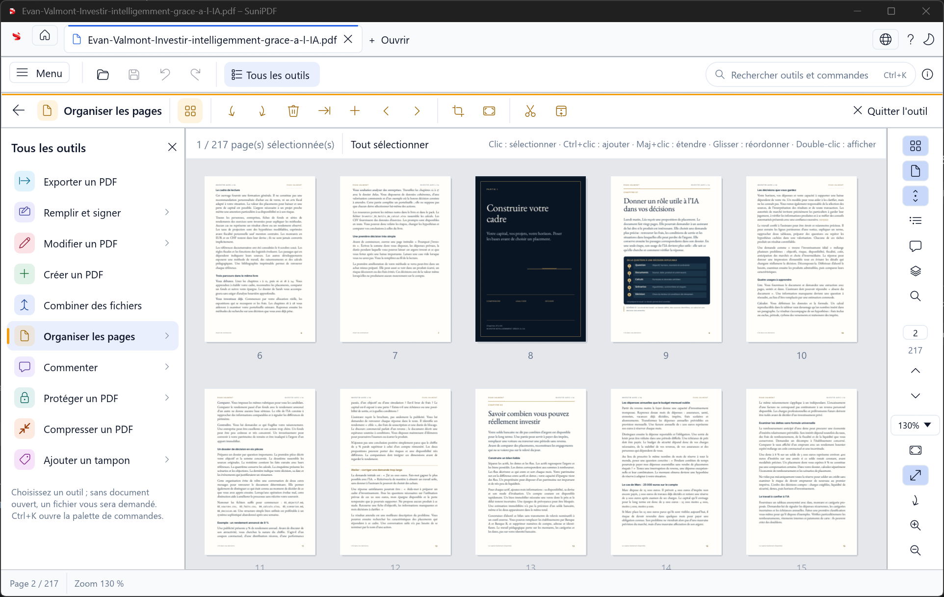 SuniPDF : organisation des pages PDF avec grille de miniatures et commandes de réorganisation.