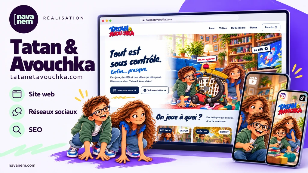 Réalisation Tatan & Avouchka : site web illustré, personnages et contenus pour les réseaux sociaux.